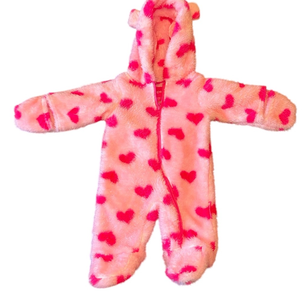 Wippette Pink Fuzzy Heart Zip Baby Romper